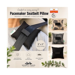 May include: A black fabric seatbelt pillow measuring 12.5 cm by 12.5 cm, designed to attach to a car seatbelt. The product features a rectangular shape with a central hook-and-loop fastener strap. Additional variations include beige and grey tree patterns.