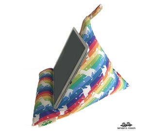 Rainbow Unicorns - iPad Tablet Phone Bean Bag Cushion Pillow Stand Holder Universal iPad Kindle e-Reader - Handmade - 100% Cotton Fabric!