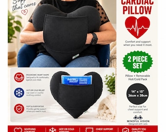 May include: A black heart-shaped cardiac pillow featuring a front pocket containing a blue Rapid Relief hot and cold compress. The pillow measures 36 cm by 38 cm and is designed for chest support and comfort with hot or cold therapy.