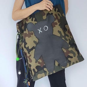 Camouflage Canvas Tote Bag: Faux Leather Bear & Toy Accents