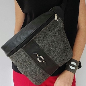 Leather and wool crossbody bag, with metal accents. Upcycled shoulder bag for city walks. Eco gift for him and her.