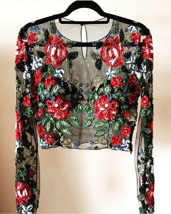 Floral Noir Long Sleeve Embroidered Sheer Top