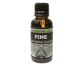 May include: A brown glass bottle of pine essential oil with a black cap. The label reads "Essential Oil" and "Pine", with "bodi Herbal Essence" below. The bottle contains 1 oz of oil and features a pine needle illustration.