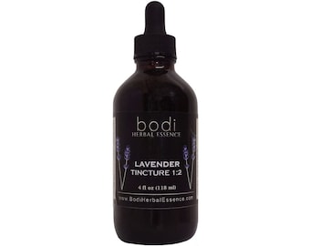 May include: A dark brown glass bottle with a dropper top, labeled "bodi HERBAL ESSENCE LAVENDER TINCTURE 1:2 4 fl oz (118 ml) www.BodiHerbalEssence.com"