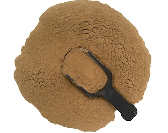 May include: A brown powder with a small black scoop. The powder is in a pile and the scoop is lying on top of it.