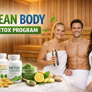 May include: Image promoting a detox program. The image features three people wrapped in white towels, holding water bottles. The text "CLEAN BODY DETOX PROGRAM" is displayed. Detox supplements, green powder, and fresh ingredients are also visible.