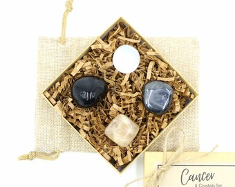 CANCER Zodiac Crystals Kit, 4 Healing Stones, June July Astrology, Birthday Gift Set, Ocean Jasper, Moonstone, Selenite, Onyx, Carnelian