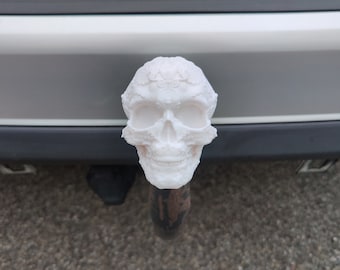 May include: White ceramic skull with floral details attached to a silver car hitch.