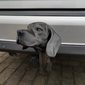 May include: A black 3D printed dog head hitch cover for a car. The dog is looking to the right and has a realistic design.