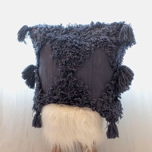 Dark Blue Textured Woven Tassel Pillow Cover 20 x 20 inch, Boho Blue Throw Pillow Cover with Tassels, Blue Pillow Cover with Tassels
