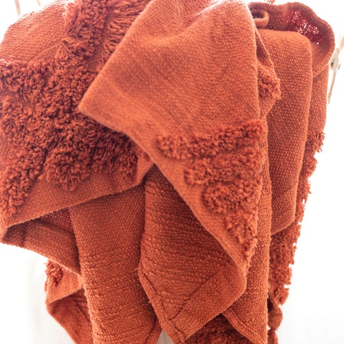 Rust Burnt Orange Cotton Woven Throw Blanket With Tassels Etsy