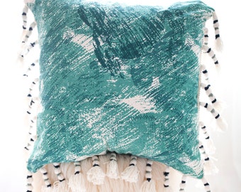 Coastal Aqua Green Printed Coastal Pillow Cover 20x 20 inch with Tassels , Coastal Cotton Printed Pillow Cover ,Aqua  Printed Pillow Cover