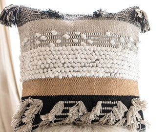 Bohemian Pillow Cover ,Woven Pillow Cover ,Textured Throw Pillow Black, White and Tan Ochre Moroccan Style, Jute Pillow Cover 20"x 20"