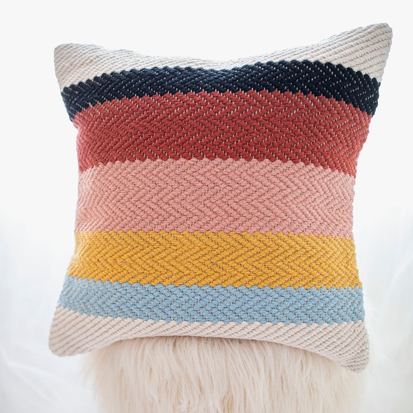 Rainbow Multicolor Woven Cotton Throw Pillow Cover , 20x20 Throw Pillow Cover , Striped Throw Pillow Cover