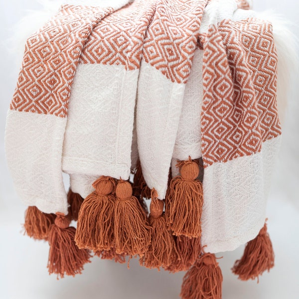 Woven Cotton Throw Blanket: Rust Bohemian Tassels, 50x60 Inches