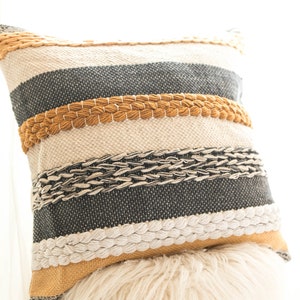 Bohemian Striped Throw Pillow Cover ,Boho Textured Handwoven Pillow, Mustard and Gray Pillow, Farmhouse Pillow, 20" x 20", Mustard Pillow