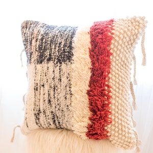 Boho Textured Woven Pillow Cover, Modern, Tufted throw Pillow Cover , Black, Beige and Red  with Braided tassels , 20 x 20 inch pillow