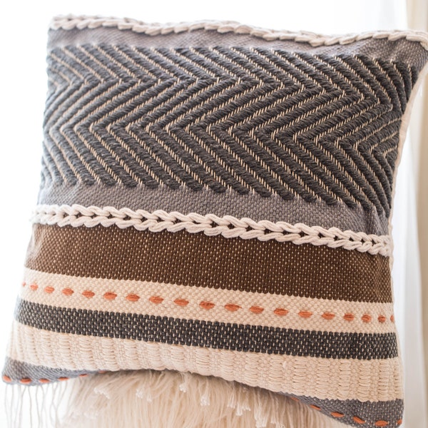 Textured Herringbone Chevron Pattern Woven Pillow Cover, Gray and Taupe Brown Striped Pillow Cushion with fringe ,Throw Pillow 20 x 20 inch