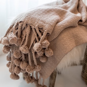 Woven Cotton Throw Blanket  with Pom Pom, Woven Taupe Brown Blanket  for Sofa, Living Room or Bedroom 50 x 60 Inches