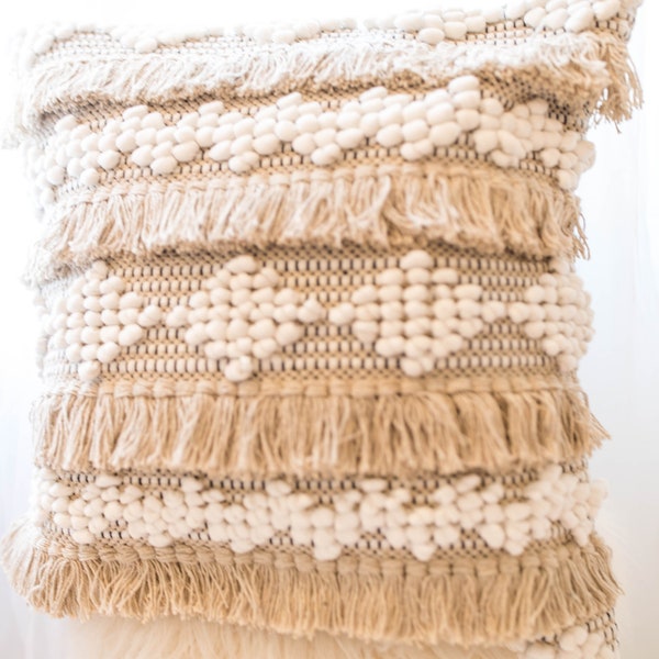 Bohemian Pillow Cover , Handwoven Throw Pillow Beige and White, Textured Tufted, Throw Pillow Cover with Fringe , Beige 20 x 20 inch