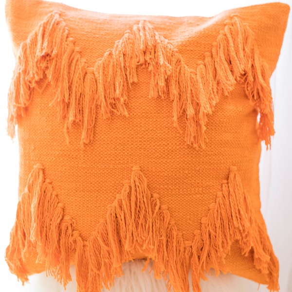 Marigold Orange Chevron Pillow Cover, Handwoven Pillow Cushion , Fringe Pillow , Textured Throw Pillow with fringe  20 x 20 inch