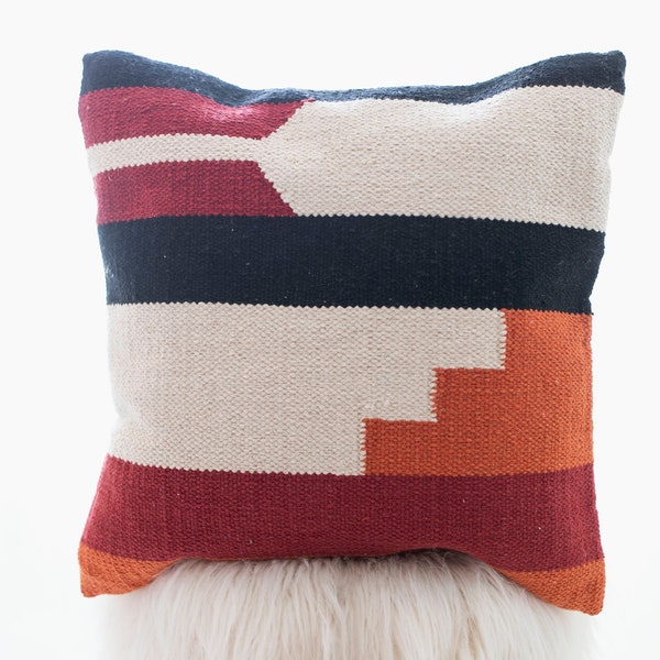 Multicolor Kilim Geometric Woven Pillow Cover 18 x 18 inch | Rust, Red, Black and Beige Pillow Cover 18 x 18 inch - Ibiza Pillow