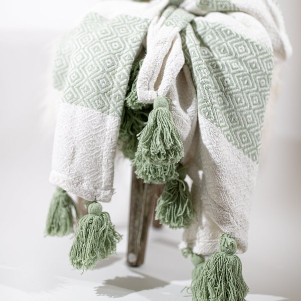 Woven Cotton Throw Blanket with Tassels , Tassels Blanket Sage Green Bohemian Throw Blanket , Light Sage Green Throw Blanket  50 x 60 Inches