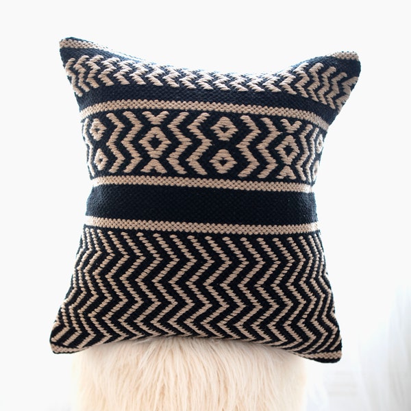 Geometric Pillow Cover ,Handwoven Pillow Cushion , Tribal, Southwest Pillow Cover, Textured Throw , Black and Beige, 20 x 20 inch