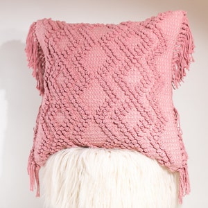 Textured Decorative Handwoven Pillow Cover  20 x 20 inches with fringes, Boho Decorative Pink Pillow Cover 20 x 20 inches , Maddie Pillow