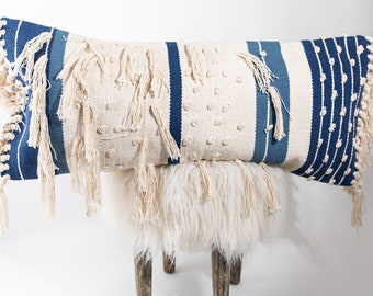 Housse d’oreiller lombaire Boho Blue and Cream 14"x32 » avec franges, Housse d’oreiller lombaire décorative, housse lombaire boho extra longue, 14'x32'