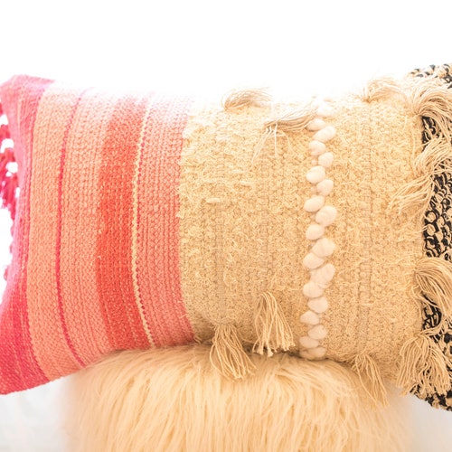 Boho Cream and Pink Lumbar Throw Pillow Cover Textured Lumbar Etsy