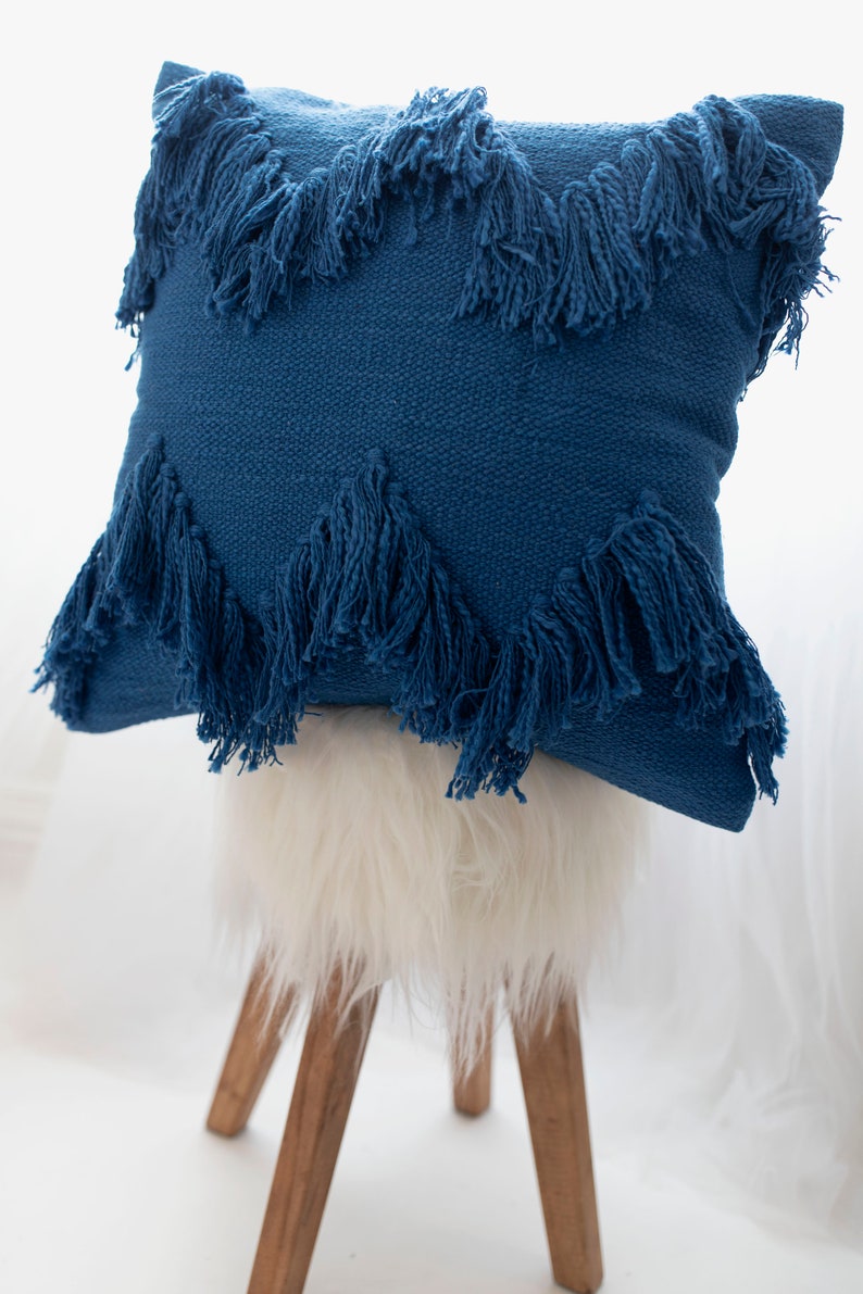 Classic Blue Fringe Pillow Cover Boho Fringe Throw Pillow Etsy
