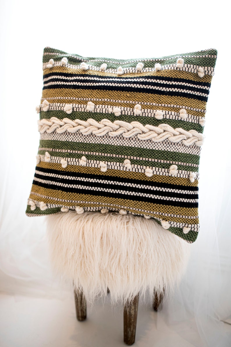 Boho Striped Tufted and textured 20 x 20 inch Green Striped Multicolor Pillow Cover Adele Pillow Cover Hand Woven Throw Pillow Cover