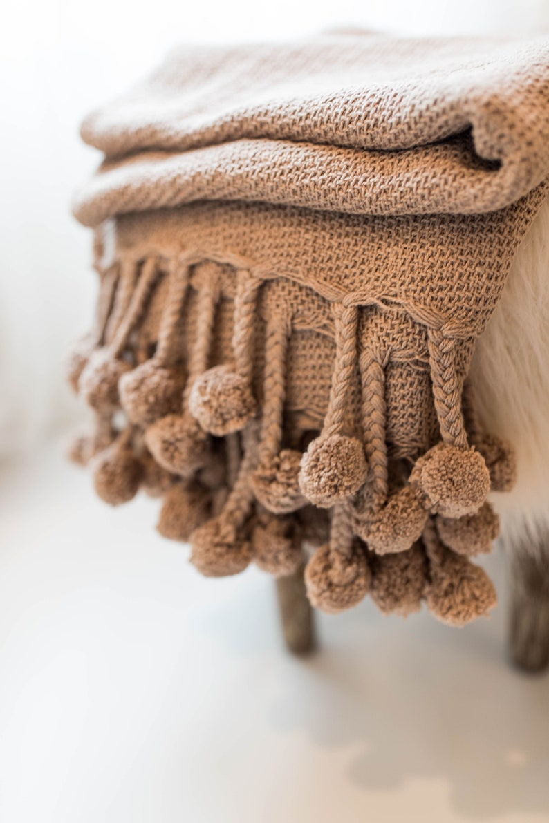 Woven Cotton Throw Blanket With Pom Pom Woven Taupe Brown Etsy UK