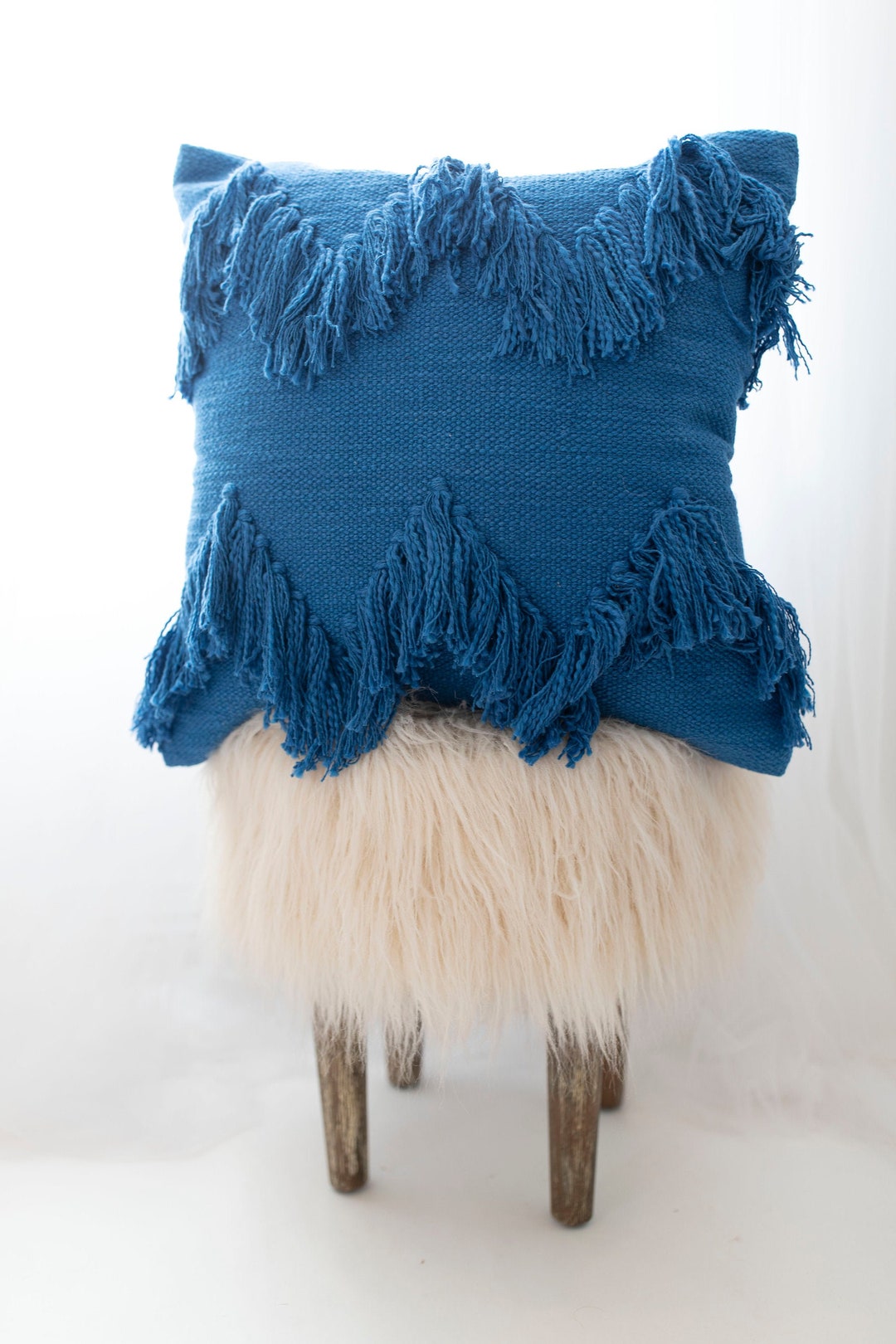 Classic Blue Fringe Pillow Cover Boho Fringe Throw Pillow Etsy