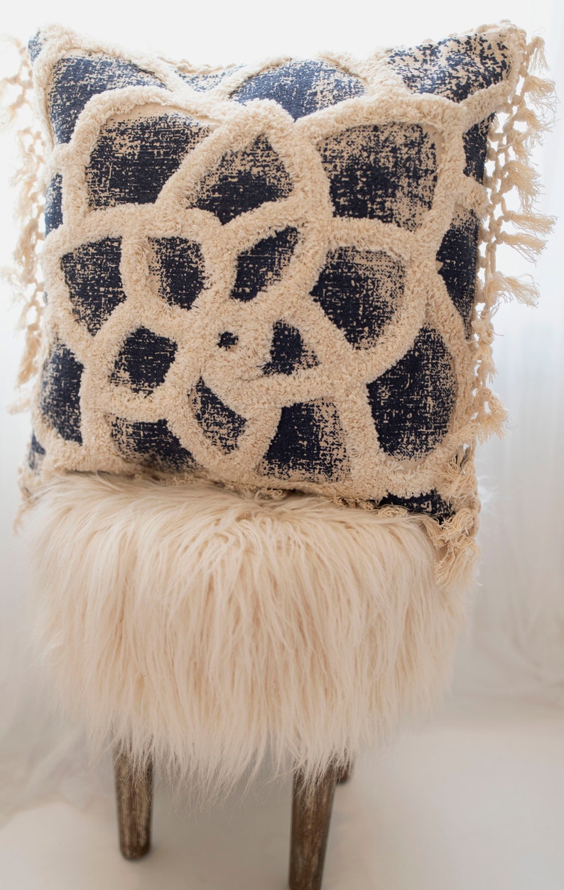 Cream and Blue Printed Tufted Pillow Cover 20 X 20 With Etsy