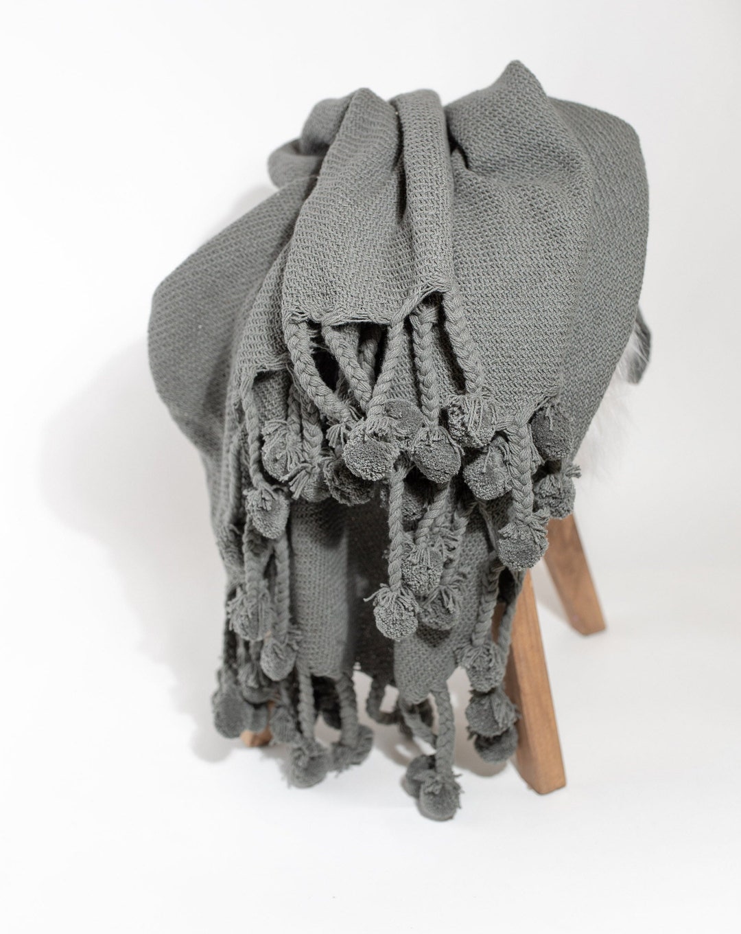 Stone Gray Cotton Blanket Woven Cotton Throw Blanket With Pom Pom