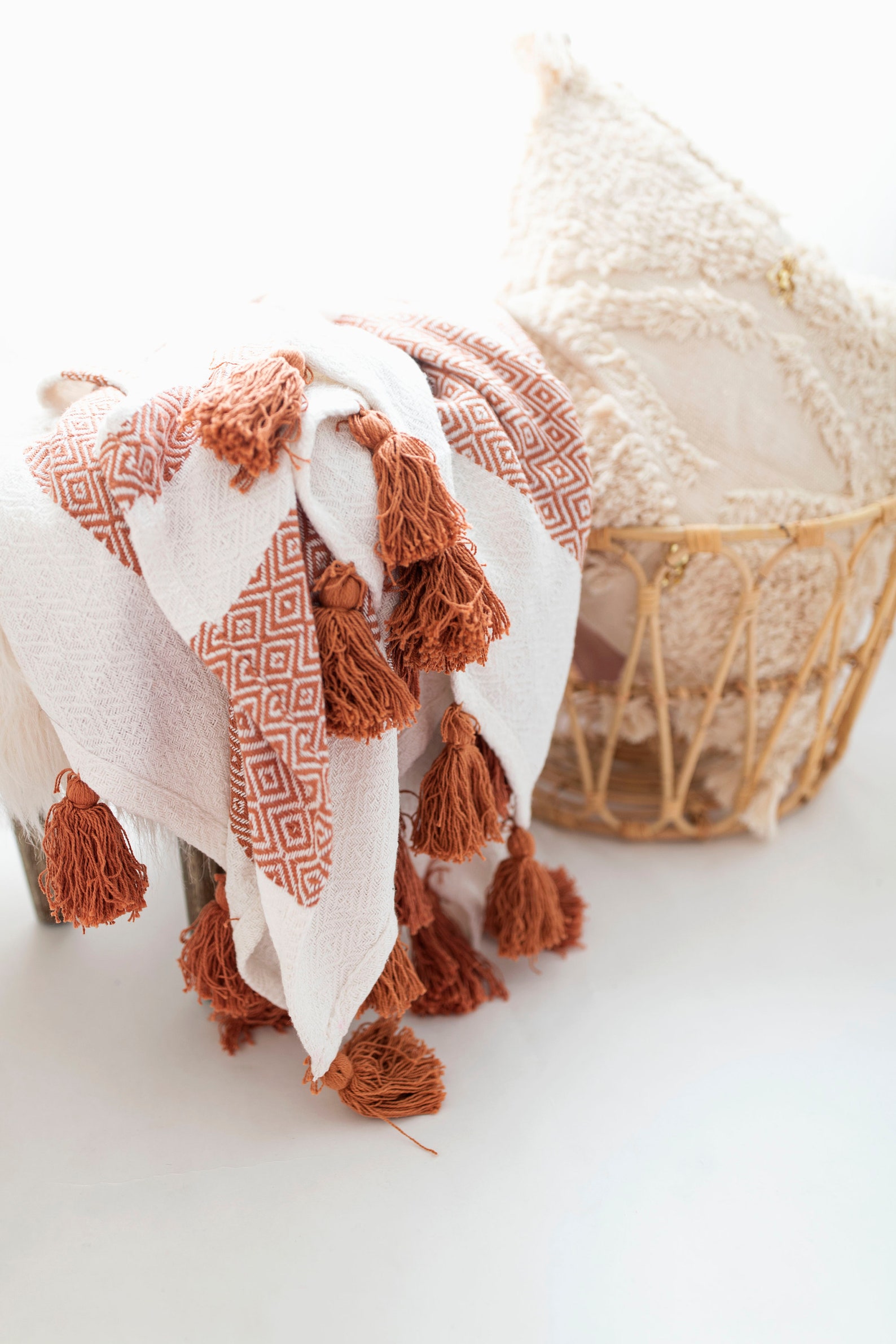 Woven Cotton Throw Blanket with Tassels Tassels Blanket Rust Etsy