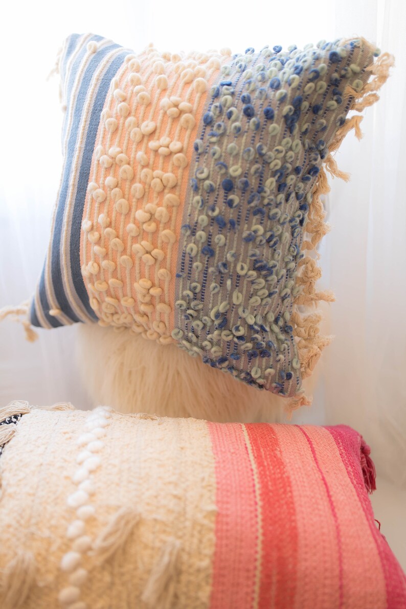 Boho Throw Pillow Cover Blue and Coral Textured Pillow Cover Etsy