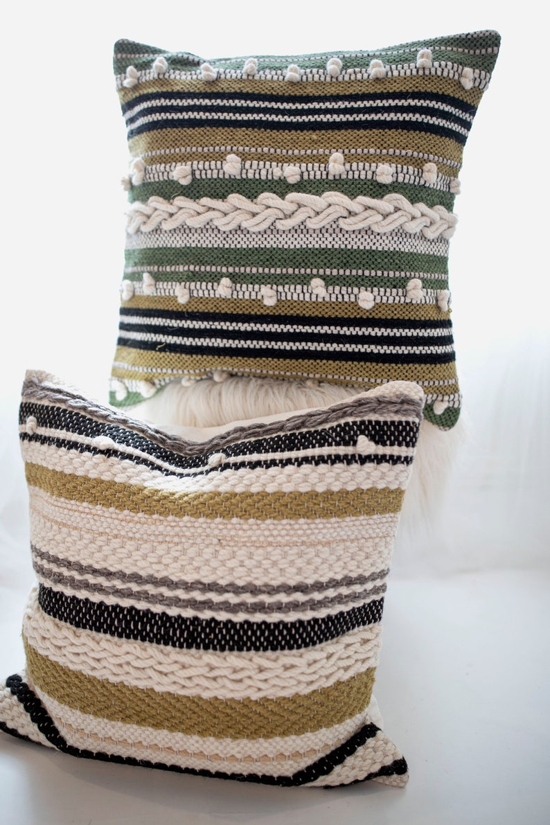 Boho Striped Tufted and textured 20 x 20 inch Green Striped Multicolor Pillow Cover Adele Pillow Cover Hand Woven Throw Pillow Cover