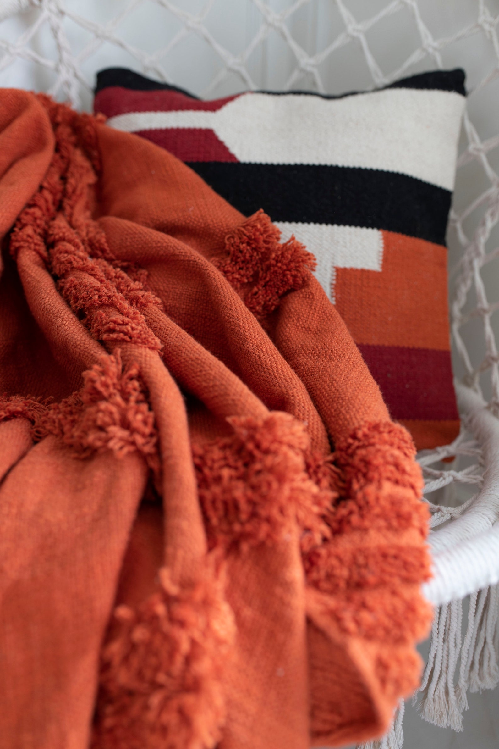 Rust Burnt Orange Cotton Woven Throw Blanket With Tassels Bohemian