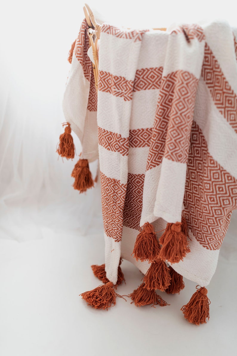Woven Cotton Throw Blanket With Tassels Tassels Blanket Rust Etsy