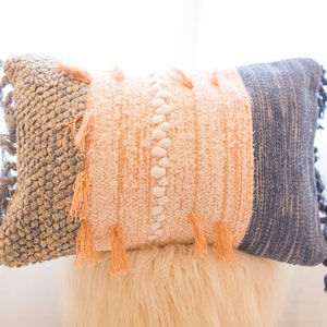 Bohemian Blue and Coral Lumbar Throw Pillow Cover, Textured Lumbar Cushion with Fringe Tassel , Rustic Lumbar 16 x 24 inch