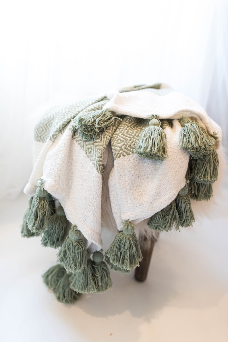 Woven Cotton Throw Blanket with Tassels Tassels Blanket Moss Etsy