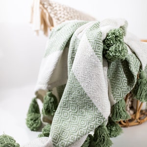 May include: A green and white striped throw blanket with tassels. The blanket is made of a soft, woven fabric and has a geometric pattern.