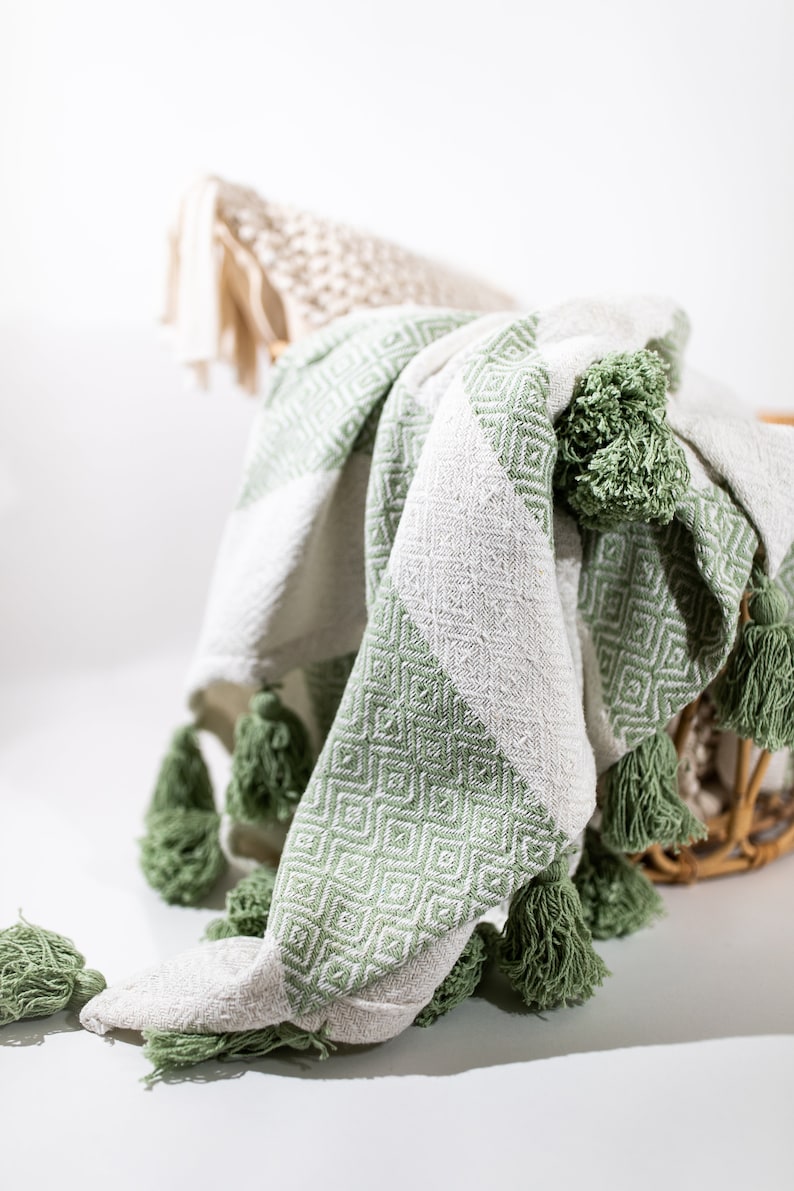 May include: A green and white striped throw blanket with tassels. The blanket is made of a soft, woven fabric and has a geometric pattern.