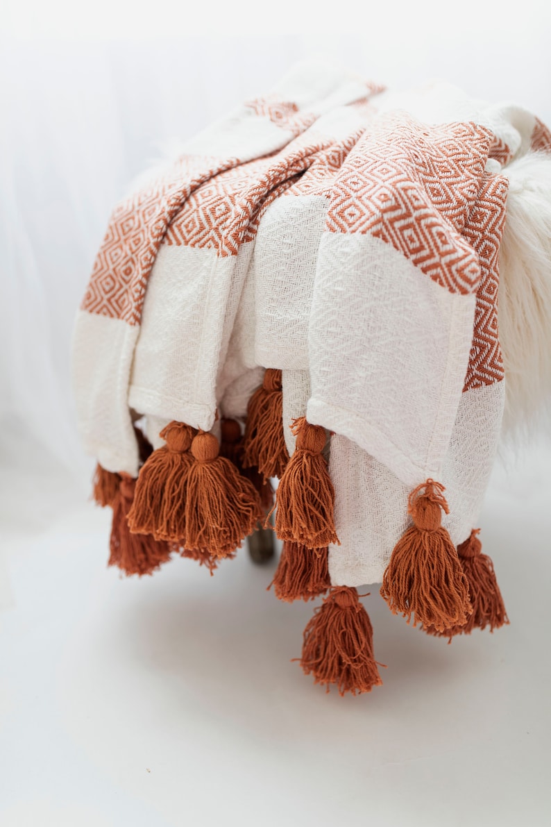 Woven Cotton Throw Blanket With Tassels Tassels Blanket Rust Etsy