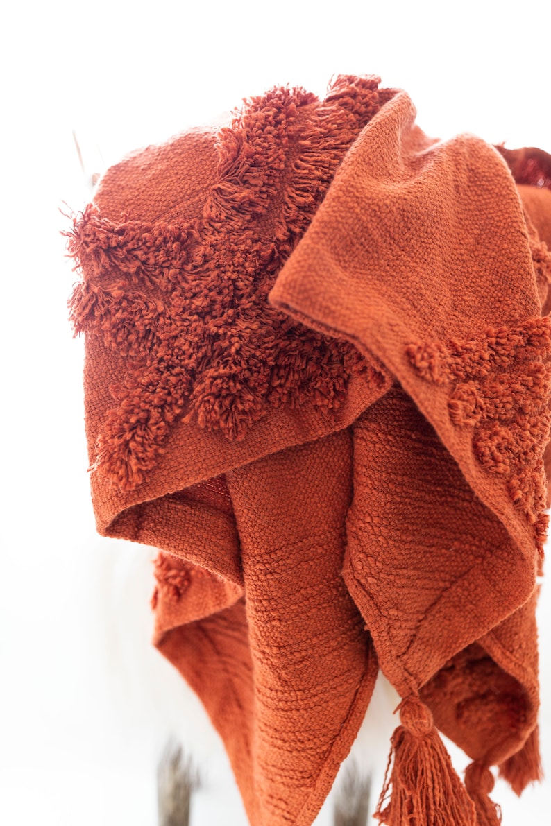 Rust Burnt Orange Cotton Woven Throw Blanket With Tassels Etsy