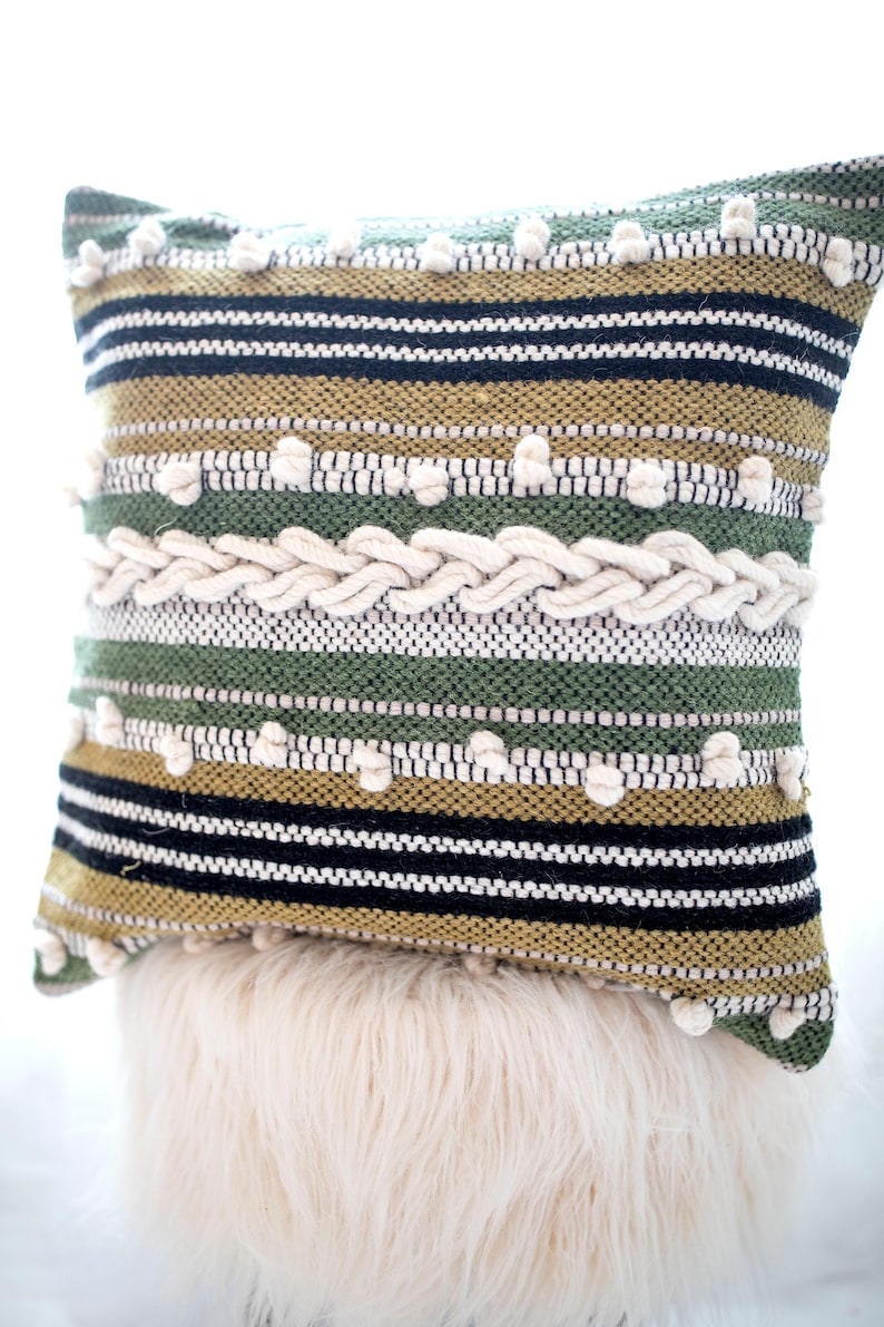 Boho Striped Tufted and textured 20 x 20 inch Green Striped Multicolor Pillow Cover Adele Pillow Cover Hand Woven Throw Pillow Cover