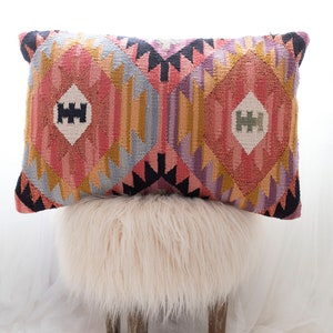 Multicolor Boho Kilim Lumbar Throw Pillow Cover 16 x 24 inch, Moroccan Multicolor With Pink Metallic Color - Boho Lumbar Pillow Cover